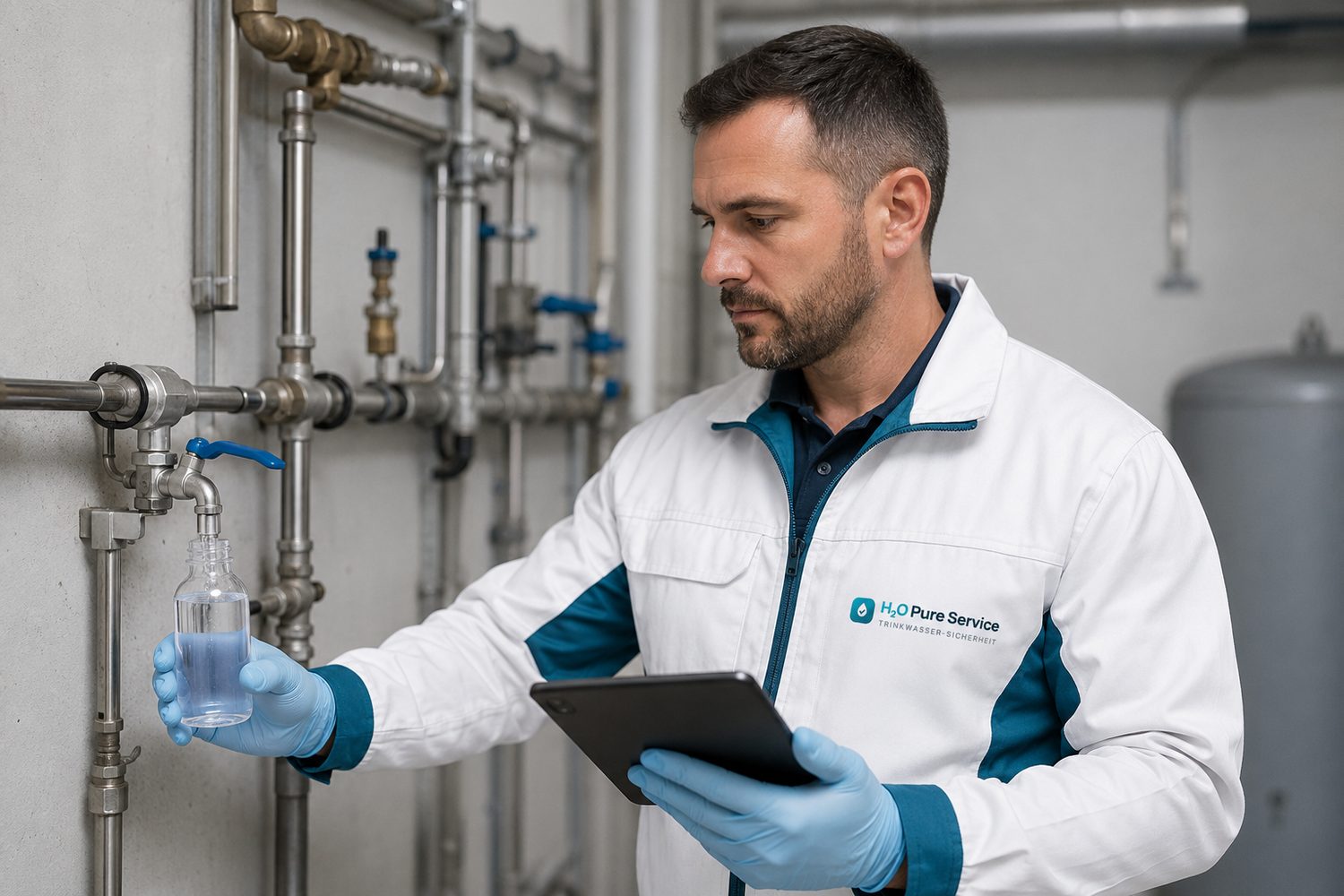 H2O Pure Service Mitarbeiter entnimmt eine Trinkwasserprobe an einer Entnahmestelle