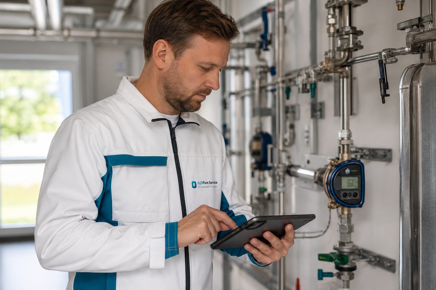 H2O Pure Service Techniker prüft mit Tablet eine Trinkwasseranlage vor Ort
